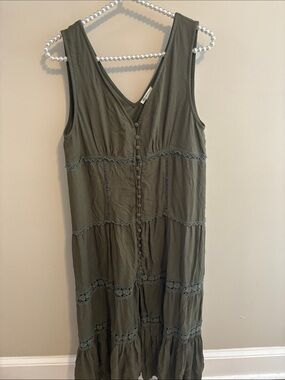 Versona Dress Large L Olive Green Maxi Tiered Crochet Lace Boho Sleeveless